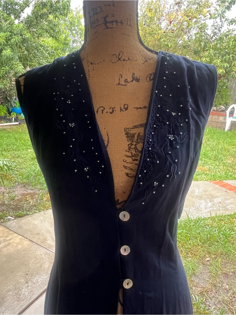 Navy Beaded V-Neck Button Front Dress